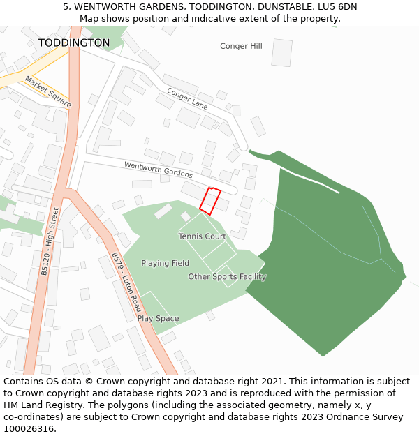 5, WENTWORTH GARDENS, TODDINGTON, DUNSTABLE, LU5 6DN: Location map and indicative extent of plot