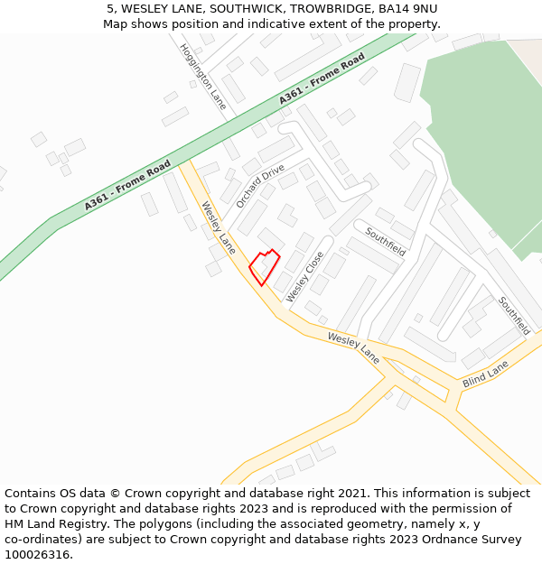 5, WESLEY LANE, SOUTHWICK, TROWBRIDGE, BA14 9NU: Location map and indicative extent of plot