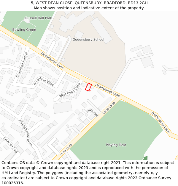 5, WEST DEAN CLOSE, QUEENSBURY, BRADFORD, BD13 2GH: Location map and indicative extent of plot