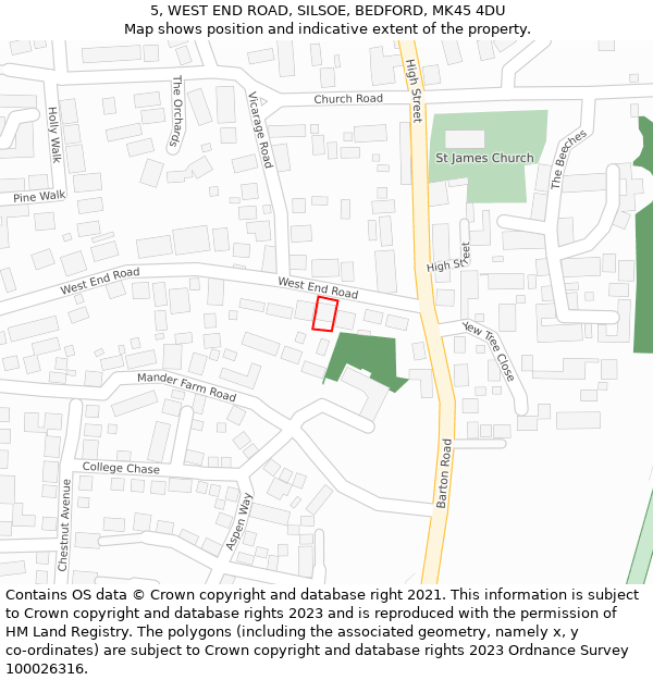 5, WEST END ROAD, SILSOE, BEDFORD, MK45 4DU: Location map and indicative extent of plot