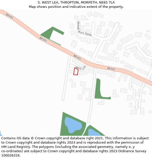 5, WEST LEA, THROPTON, MORPETH, NE65 7LA: Location map and indicative extent of plot