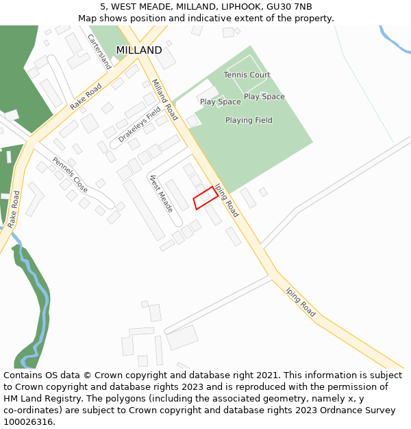 5, WEST MEADE, MILLAND, LIPHOOK, GU30 7NB: Location map and indicative extent of plot