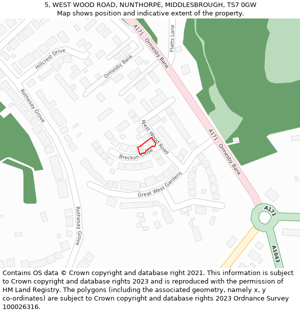 5, WEST WOOD ROAD, NUNTHORPE, MIDDLESBROUGH, TS7 0GW: Location map and indicative extent of plot