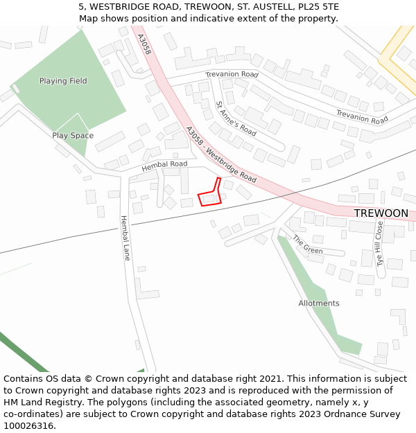 5, WESTBRIDGE ROAD, TREWOON, ST. AUSTELL, PL25 5TE: Location map and indicative extent of plot