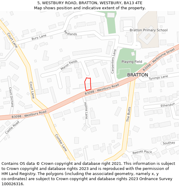 5, WESTBURY ROAD, BRATTON, WESTBURY, BA13 4TE: Location map and indicative extent of plot