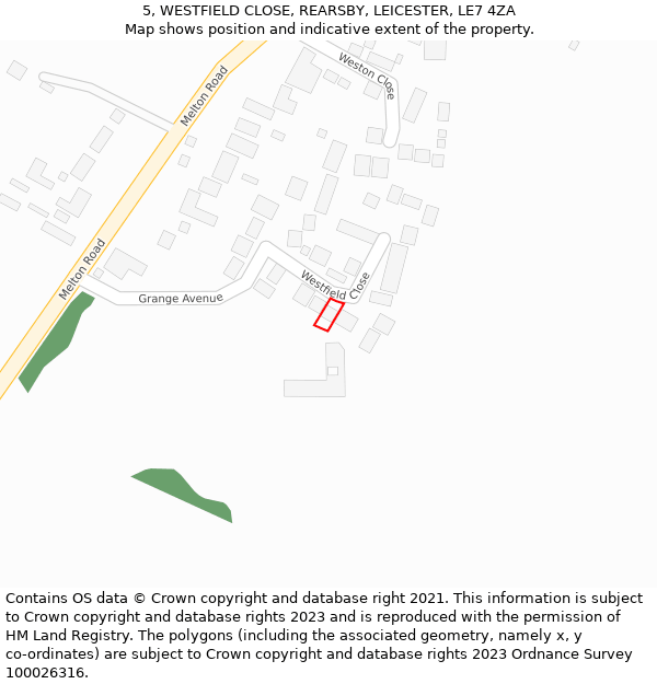 5, WESTFIELD CLOSE, REARSBY, LEICESTER, LE7 4ZA: Location map and indicative extent of plot