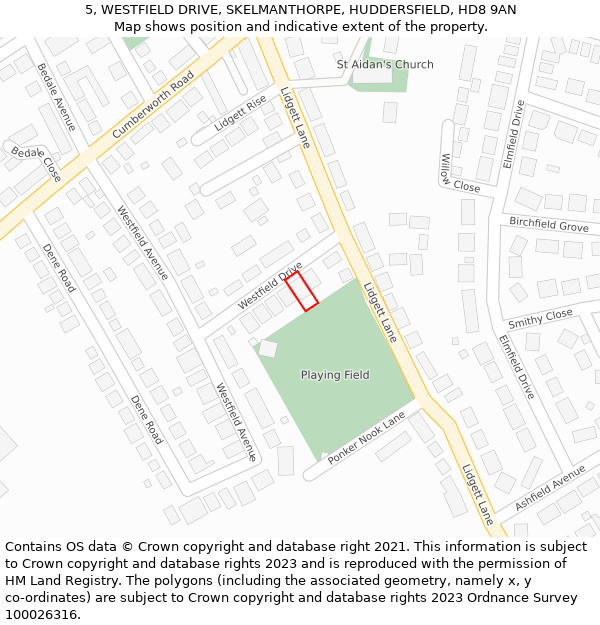 5, WESTFIELD DRIVE, SKELMANTHORPE, HUDDERSFIELD, HD8 9AN: Location map and indicative extent of plot