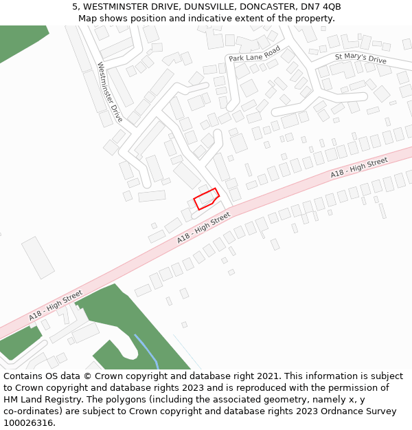 5, WESTMINSTER DRIVE, DUNSVILLE, DONCASTER, DN7 4QB: Location map and indicative extent of plot