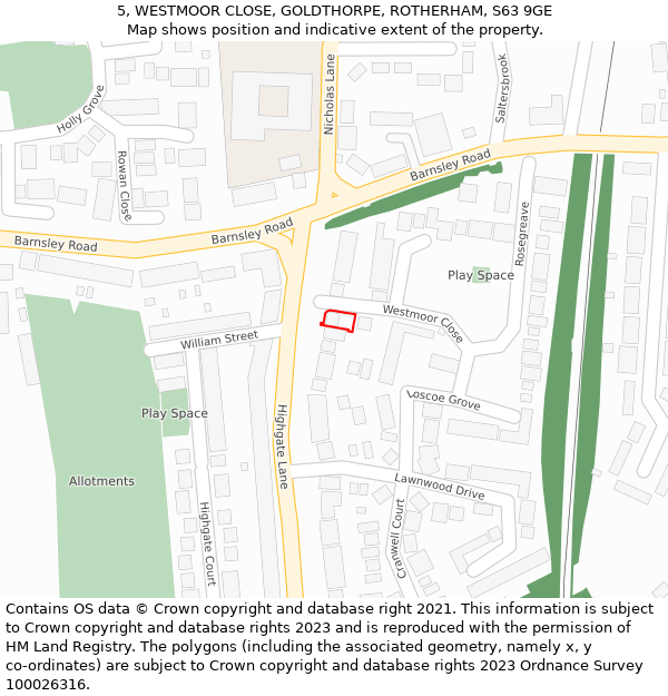 5, WESTMOOR CLOSE, GOLDTHORPE, ROTHERHAM, S63 9GE: Location map and indicative extent of plot