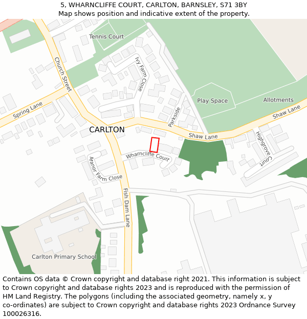 5, WHARNCLIFFE COURT, CARLTON, BARNSLEY, S71 3BY: Location map and indicative extent of plot