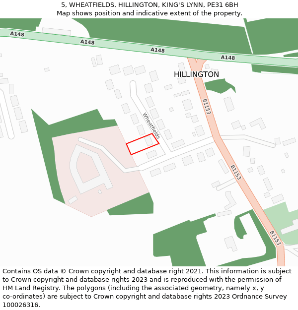 5, WHEATFIELDS, HILLINGTON, KING'S LYNN, PE31 6BH: Location map and indicative extent of plot