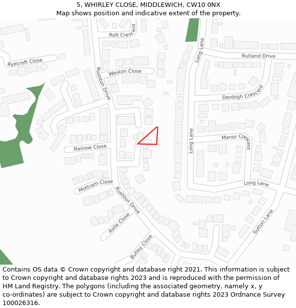 5, WHIRLEY CLOSE, MIDDLEWICH, CW10 0NX: Location map and indicative extent of plot