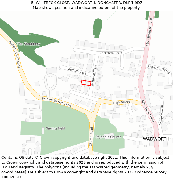 5, WHITBECK CLOSE, WADWORTH, DONCASTER, DN11 9DZ: Location map and indicative extent of plot