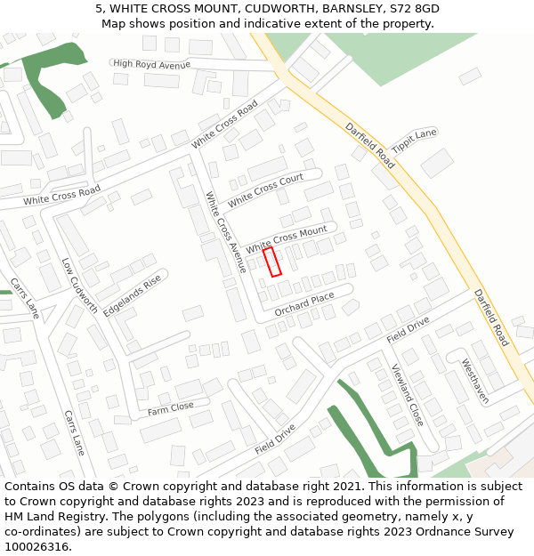 5, WHITE CROSS MOUNT, CUDWORTH, BARNSLEY, S72 8GD: Location map and indicative extent of plot