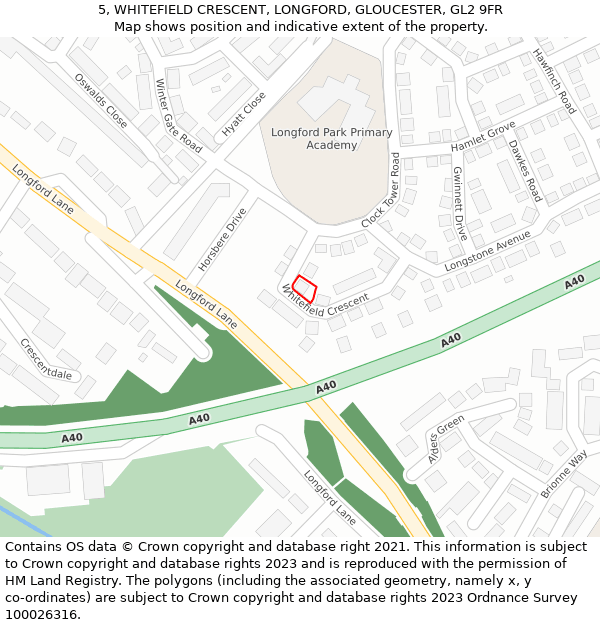 5, WHITEFIELD CRESCENT, LONGFORD, GLOUCESTER, GL2 9FR: Location map and indicative extent of plot