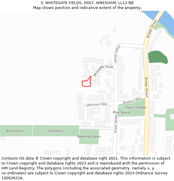 5, WHITEGATE FIELDS, HOLT, WREXHAM, LL13 9JE: Location map and indicative extent of plot