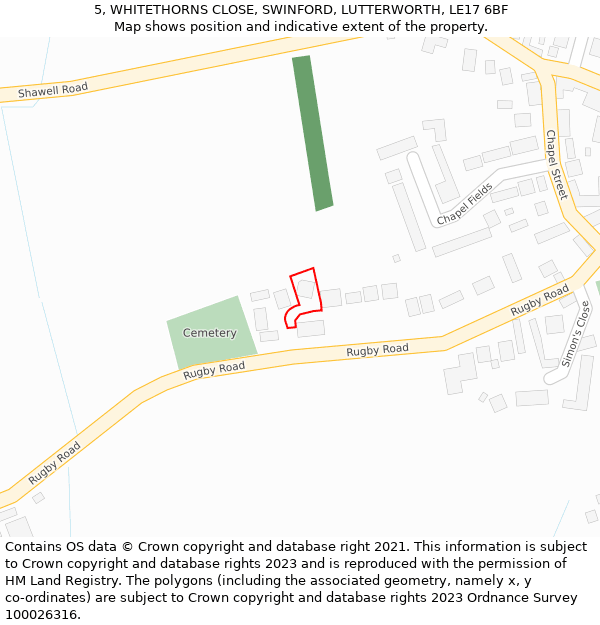 5, WHITETHORNS CLOSE, SWINFORD, LUTTERWORTH, LE17 6BF: Location map and indicative extent of plot