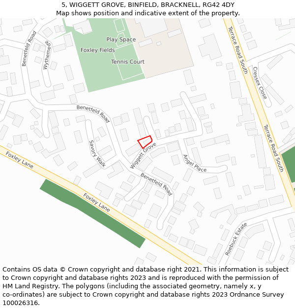 5, WIGGETT GROVE, BINFIELD, BRACKNELL, RG42 4DY: Location map and indicative extent of plot