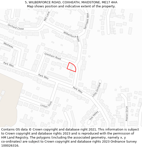 5, WILBERFORCE ROAD, COXHEATH, MAIDSTONE, ME17 4HA: Location map and indicative extent of plot