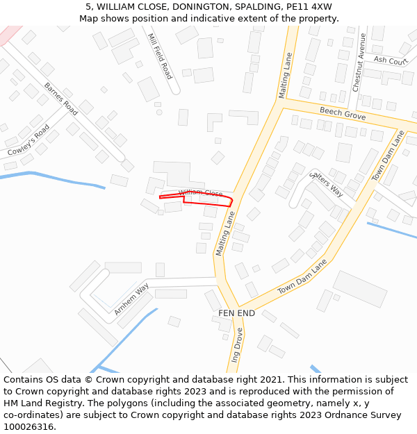 5, WILLIAM CLOSE, DONINGTON, SPALDING, PE11 4XW: Location map and indicative extent of plot