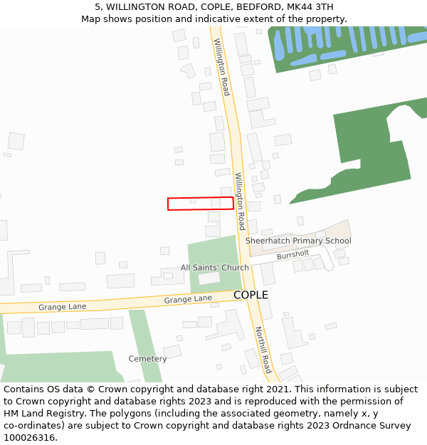 5, WILLINGTON ROAD, COPLE, BEDFORD, MK44 3TH: Location map and indicative extent of plot