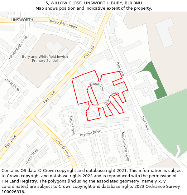 5, WILLOW CLOSE, UNSWORTH, BURY, BL9 8NU: Location map and indicative extent of plot