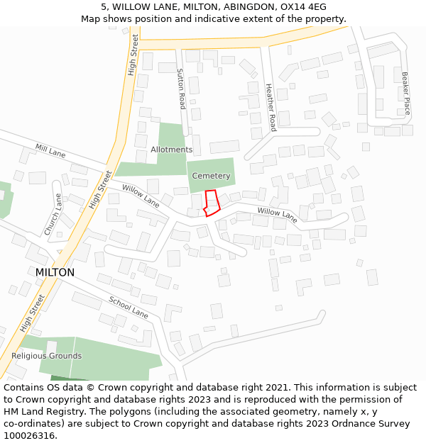 5, WILLOW LANE, MILTON, ABINGDON, OX14 4EG: Location map and indicative extent of plot