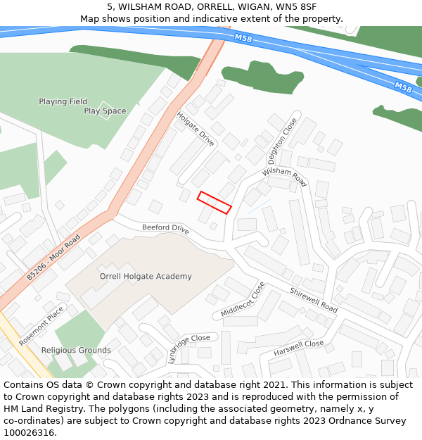 5, WILSHAM ROAD, ORRELL, WIGAN, WN5 8SF: Location map and indicative extent of plot