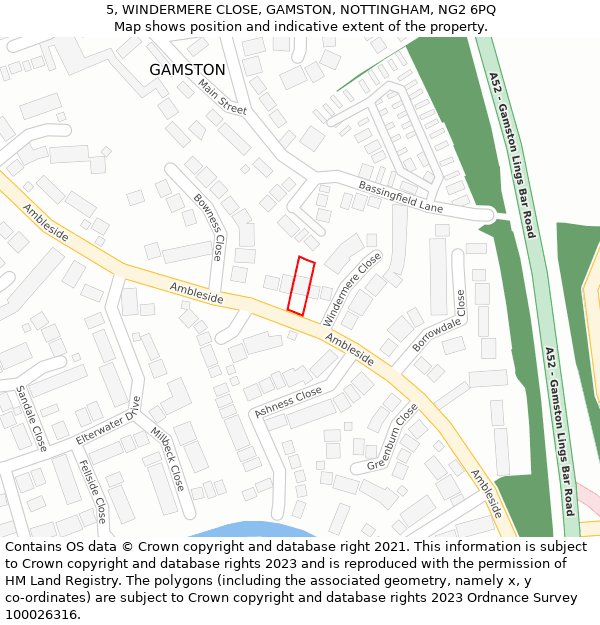 5, WINDERMERE CLOSE, GAMSTON, NOTTINGHAM, NG2 6PQ: Location map and indicative extent of plot