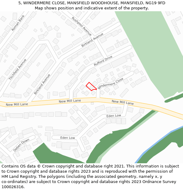 5, WINDERMERE CLOSE, MANSFIELD WOODHOUSE, MANSFIELD, NG19 9FD: Location map and indicative extent of plot