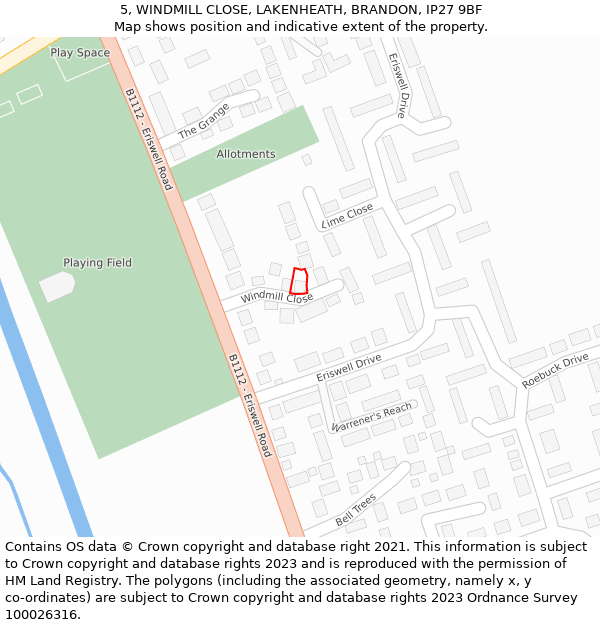 5, WINDMILL CLOSE, LAKENHEATH, BRANDON, IP27 9BF: Location map and indicative extent of plot