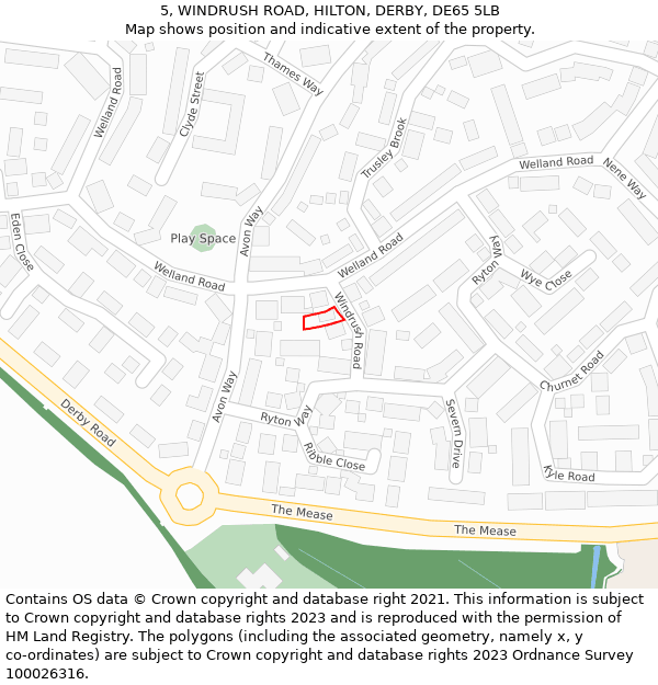 5, WINDRUSH ROAD, HILTON, DERBY, DE65 5LB: Location map and indicative extent of plot