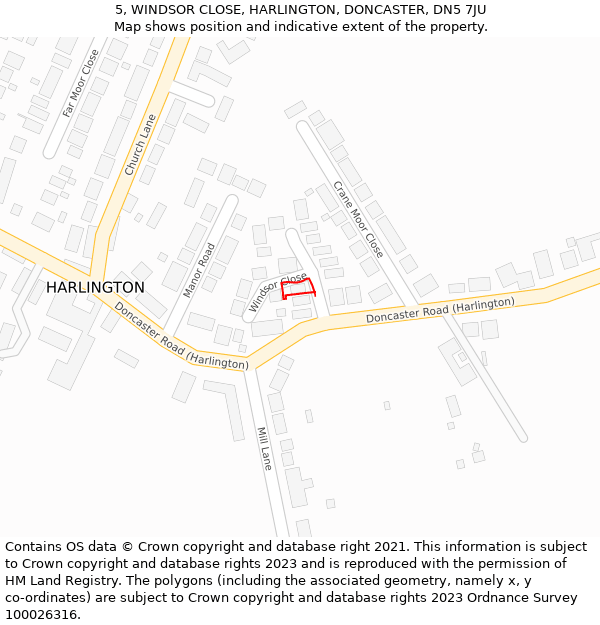 5, WINDSOR CLOSE, HARLINGTON, DONCASTER, DN5 7JU: Location map and indicative extent of plot