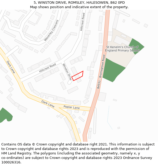 5, WINSTON DRIVE, ROMSLEY, HALESOWEN, B62 0PD: Location map and indicative extent of plot