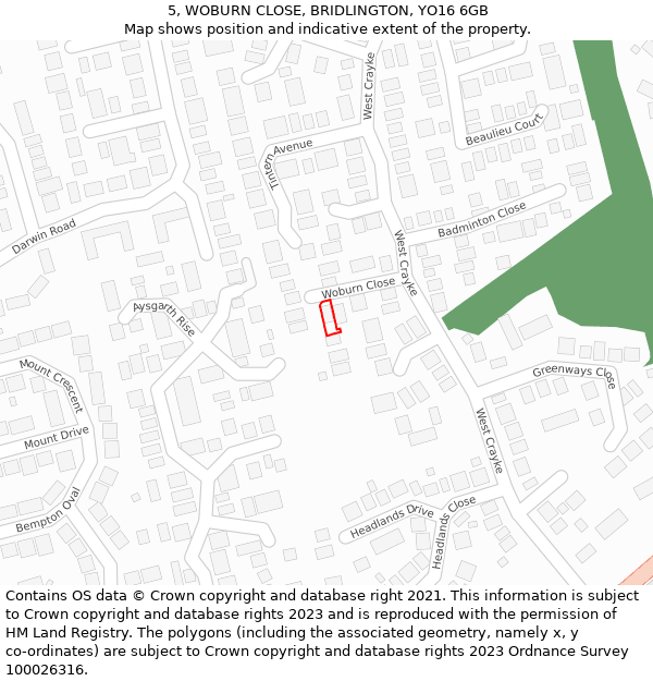 5, WOBURN CLOSE, BRIDLINGTON, YO16 6GB: Location map and indicative extent of plot