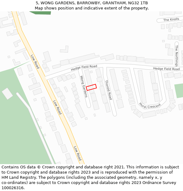 5, WONG GARDENS, BARROWBY, GRANTHAM, NG32 1TB: Location map and indicative extent of plot