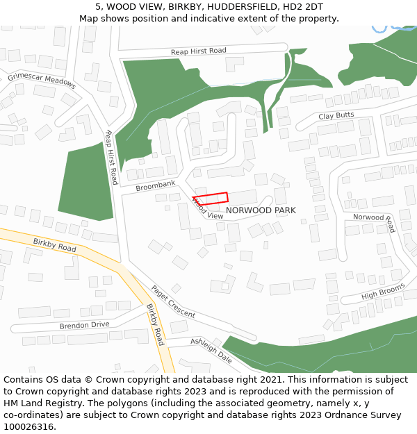 5, WOOD VIEW, BIRKBY, HUDDERSFIELD, HD2 2DT: Location map and indicative extent of plot