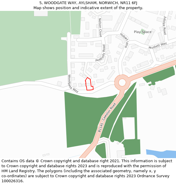 5, WOODGATE WAY, AYLSHAM, NORWICH, NR11 6FJ: Location map and indicative extent of plot