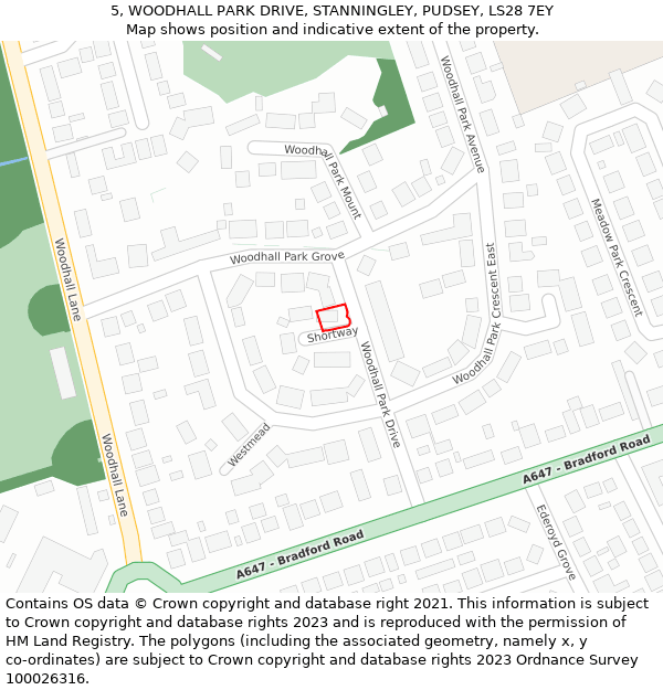 5, WOODHALL PARK DRIVE, STANNINGLEY, PUDSEY, LS28 7EY: Location map and indicative extent of plot