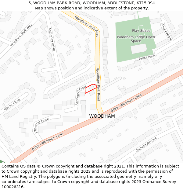 5, WOODHAM PARK ROAD, WOODHAM, ADDLESTONE, KT15 3SU: Location map and indicative extent of plot