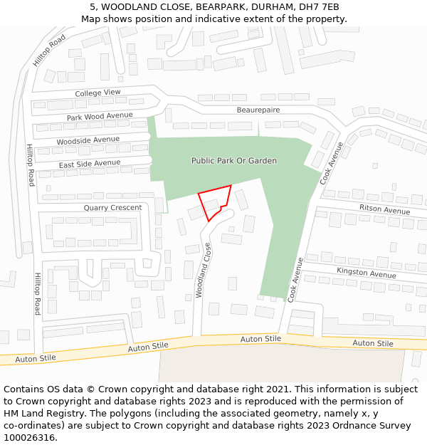 5, WOODLAND CLOSE, BEARPARK, DURHAM, DH7 7EB: Location map and indicative extent of plot