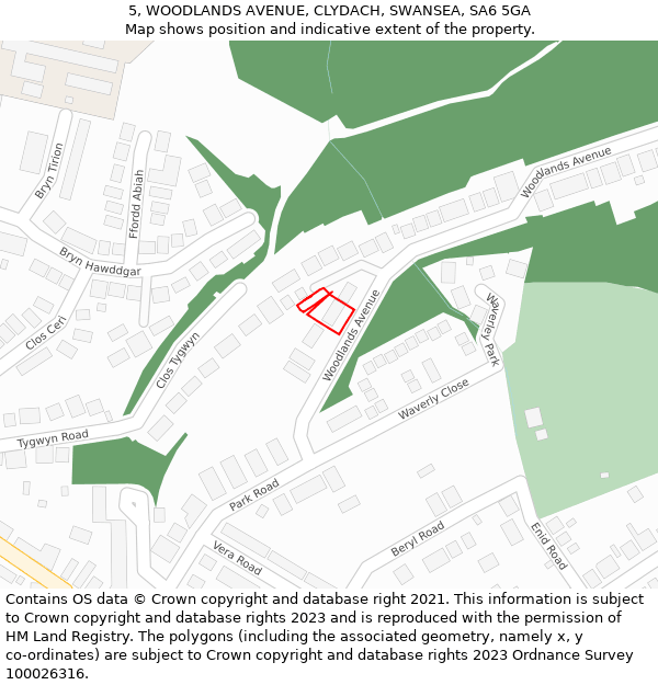 5, WOODLANDS AVENUE, CLYDACH, SWANSEA, SA6 5GA: Location map and indicative extent of plot