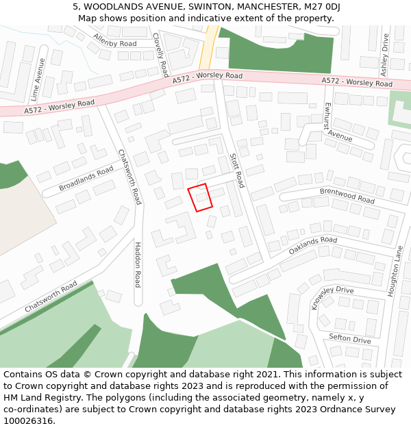 5, WOODLANDS AVENUE, SWINTON, MANCHESTER, M27 0DJ: Location map and indicative extent of plot