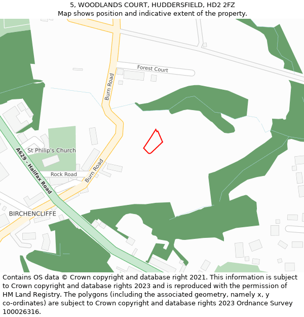 5, WOODLANDS COURT, HUDDERSFIELD, HD2 2FZ: Location map and indicative extent of plot