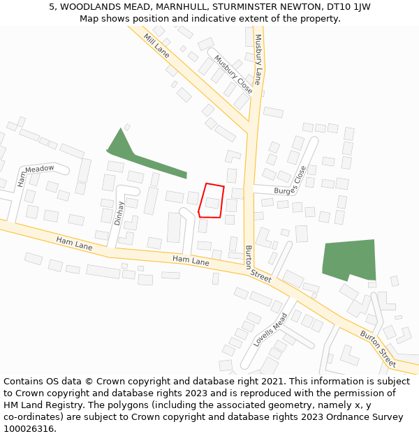 5, WOODLANDS MEAD, MARNHULL, STURMINSTER NEWTON, DT10 1JW: Location map and indicative extent of plot