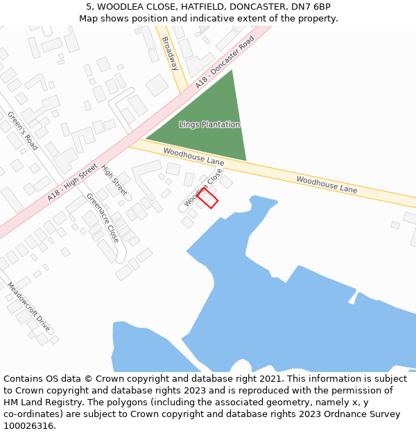 5, WOODLEA CLOSE, HATFIELD, DONCASTER, DN7 6BP: Location map and indicative extent of plot