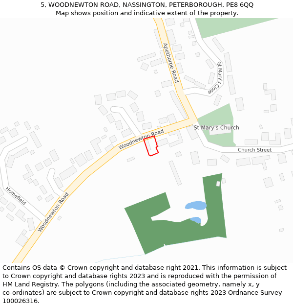 5, WOODNEWTON ROAD, NASSINGTON, PETERBOROUGH, PE8 6QQ: Location map and indicative extent of plot