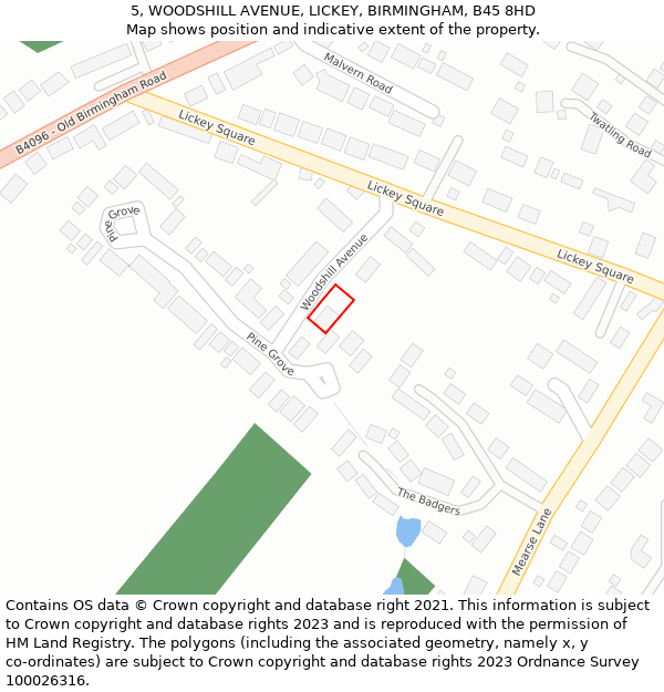 5, WOODSHILL AVENUE, LICKEY, BIRMINGHAM, B45 8HD: Location map and indicative extent of plot