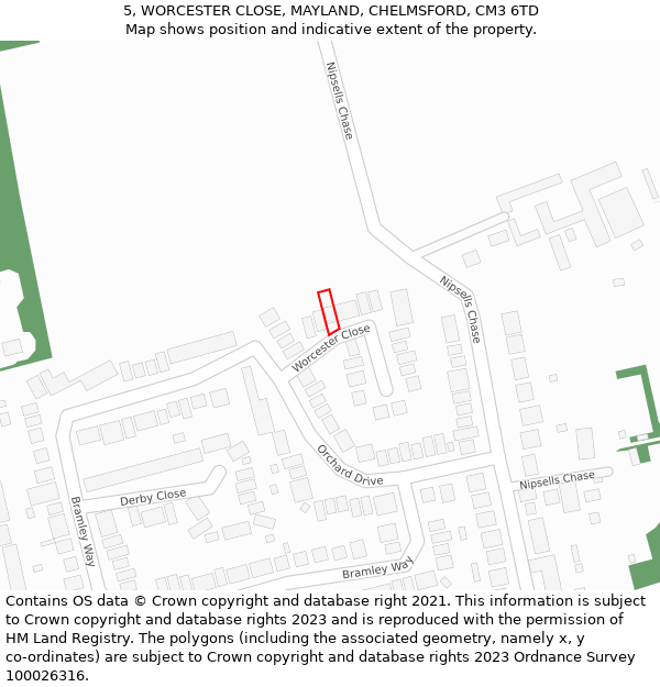 5, WORCESTER CLOSE, MAYLAND, CHELMSFORD, CM3 6TD: Location map and indicative extent of plot