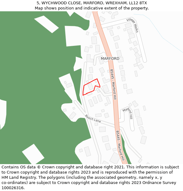 5, WYCHWOOD CLOSE, MARFORD, WREXHAM, LL12 8TX: Location map and indicative extent of plot